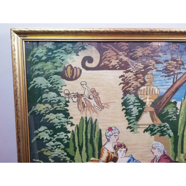 French Country Vintage Extra Large Giltwood Framed Colorful 18th Century Scene Needlepoint For Sale - Image 3 of 10