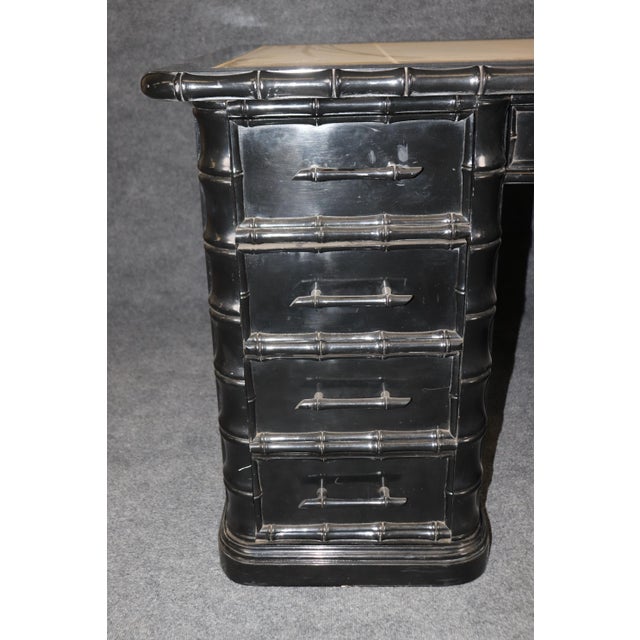 Three Piece Faux Bamboo English Leather Top Executive Desk For Sale - Image 9 of 11