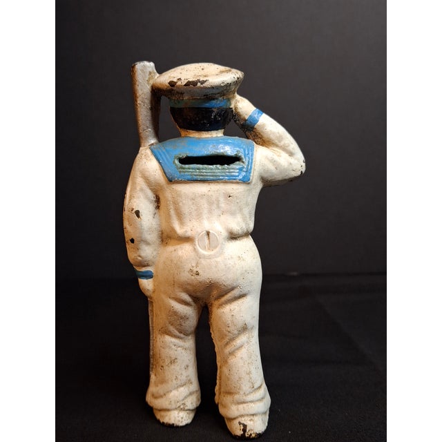 Metal Antique Hubley Cast Iron Saluting Sailor Oarsman Still Penny Bank C. 1910-1915 For Sale - Image 7 of 11