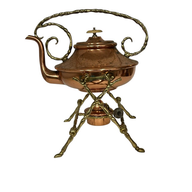 Copper Vintage Copper and Brass Spirit Tea Kettle on Stand With Warmer For Sale - Image 8 of 9