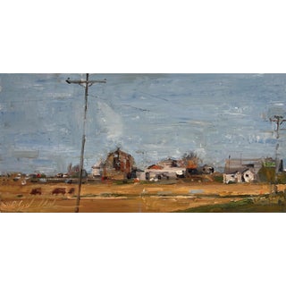 Country Road by Clyde Steadman | Oil Painting of a rural landscape with buildings and a road For Sale
