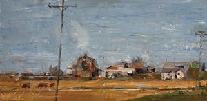 Country Road by Clyde Steadman | Oil Painting of a rural landscape with buildings and a road