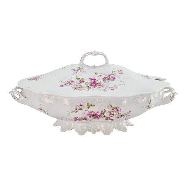 Mz Austria Antique Porcelain Rose Tureen, Covered Footed Serving Dish 14.5" For Sale