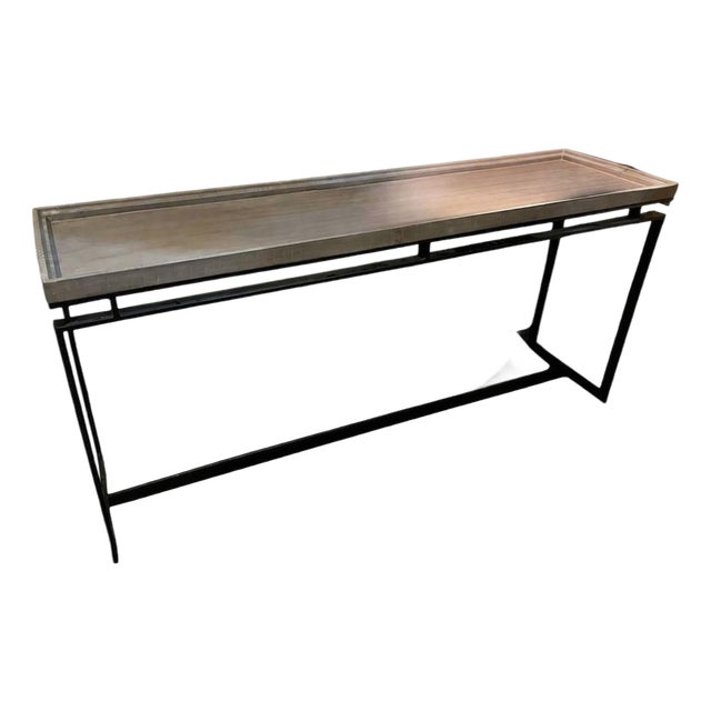 Modern Industrial Console Table With Wood Top and Black Metal Frame For Sale
