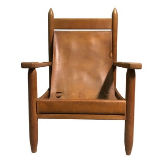 Oak and Leather Sling Lounge Chair, 1930s For Sale