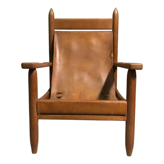 Oak and Leather Sling Lounge Chair, 1930s For Sale