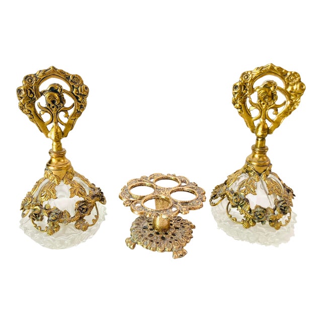 Midcentury Clear Press Glass & Gold Rose Filigree Omurlu Bottles S/3 For Sale