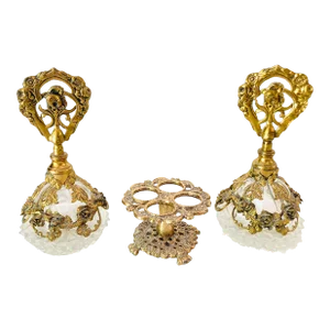 Midcentury Clear Press Glass & Gold Rose Filigree Omurlu Bottles S/3