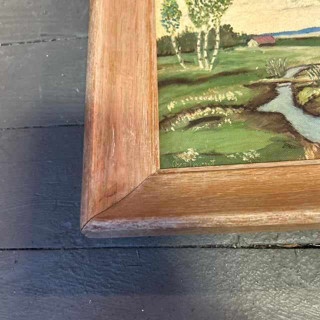 1970s 1970’s Original Farm With Running Stream Naive Landscape Painting For Sale - Image 5 of 6