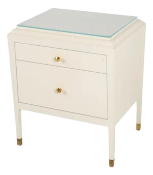 Contemporary White Lacquered Nightstand With Brass Fittings and Glass Top