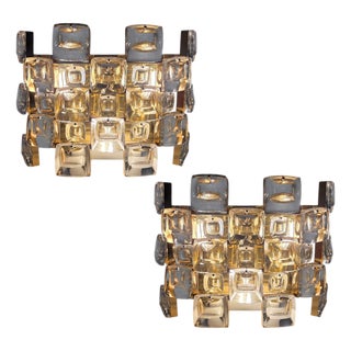 Walter Wall Lights in Crystal and Brass by Ernst Palme for Palwa, 1960s, Set of 2 For Sale