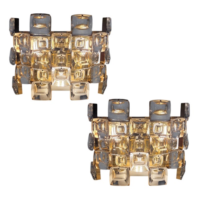Walter Wall Lights in Crystal and Brass by Ernst Palme for Palwa, 1960s, Set of 2 For Sale