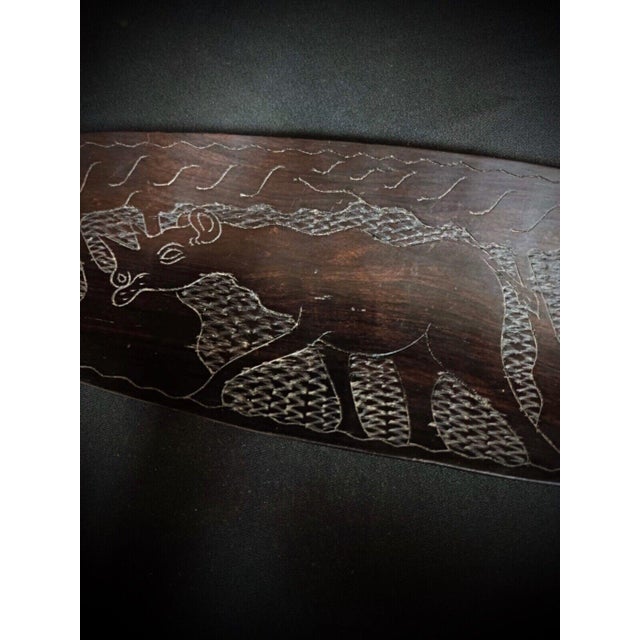 African Antique Hand-Carved African Wooden Tray With Rhinoceros and Savanna Decor For Sale - Image 3 of 5