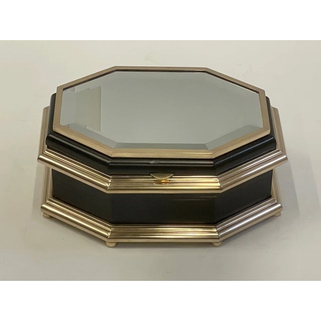 Chapman Manufacturing Company Chapman Black Laquer Brass & Mirrored Octagonal Oblong Treasure Box For Sale - Image 4 of 10