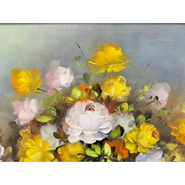 Textile Still Life Oil on Canvas Painting of White and Yellow Roses, Signed For Sale - Image 7 of 10