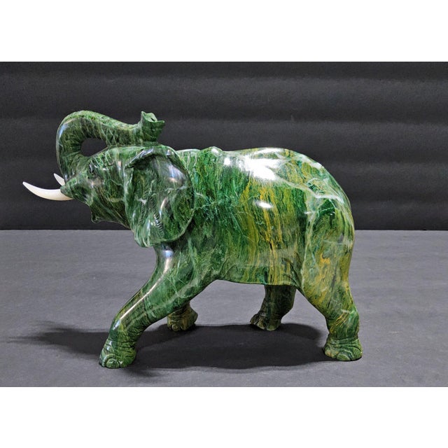 Large Carved Serpentine “New Jade” Elephant Sculpture — Hollywood Regency Palm Beach Estate Object For Sale - Image 4 of 7