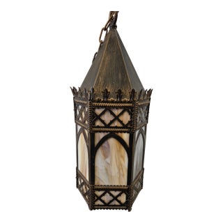 1920s Gothic Tudor Ecclesiastical Gold Painted Metal & Slag Glass Fixture Chandelier For Sale