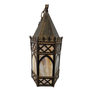 1920s Gothic Tudor Ecclesiastical Gold Painted Metal & Slag Glass Fixture Chandelier