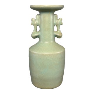 Antique Chinese Longquan Celadon Vase, Phoenix‑Shaped Double Handles For Sale