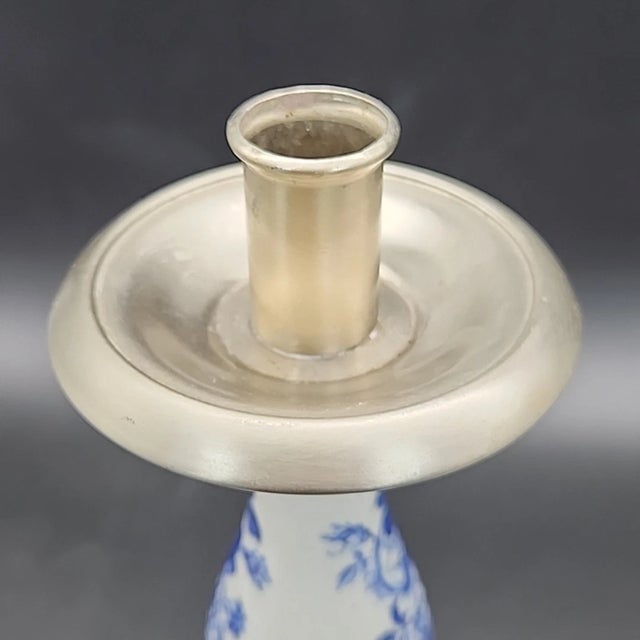 Mid-Century Modern Vintage Holland Dutch Style Delft Blue Ceramic & Pewter Candlestick Holders- Set of 2 For Sale - Image 3 of 5
