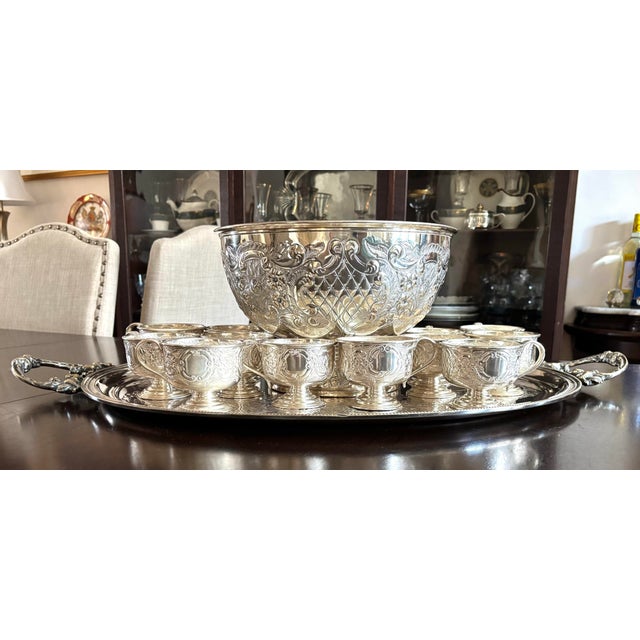 1920’s Sheffield England Hand Chased Repousse SilverPlate Punch Bowl W/12 Cups For Sale - Image 10 of 12