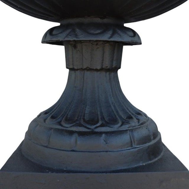 Pair of Antique Cast Iron Garden Urns With Stylized Floral Bases C1900 For Sale - Image 6 of 7
