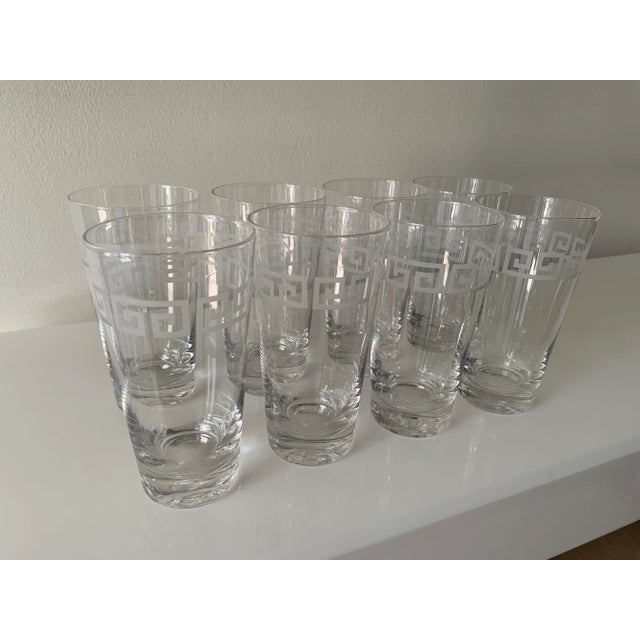 Elegant, etched, Greek key tumbler glasses. Set of eight. Good quality, heavy base. Excellent condition