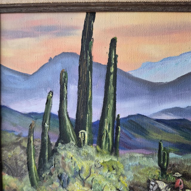 1970s VTG Desert Framed Landscape Painting Signed Original Saguero Cacti 10 X 14 Horse For Sale - Image 5 of 16