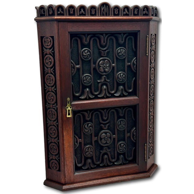 Oxblood Red Outstanding Antique Beautifully Hand Carved Solid Mahogany Wall Hanging Corner Cabinet - Signed & Dated 1900 For Sale - Image 8 of 18