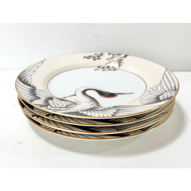Chinoiserie Crane Decorative Plates – Black Ivory Gold Rim Display Plates (Set of 4) For Sale - Image 9 of 12