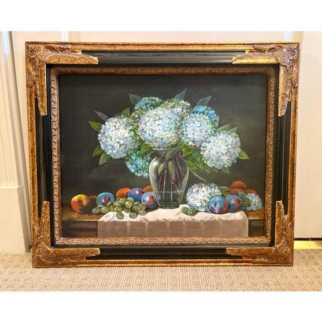 Wood Vintage Hydrangeas and Fruit Still Life Oil on Canvas For Sale - Image 7 of 10