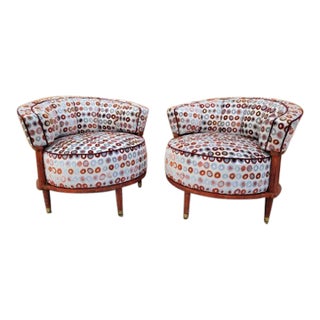 MCM Atomic Barrel Back Lounge Chairs With Spindle Backs, Newly Reupholstered – Pair For Sale