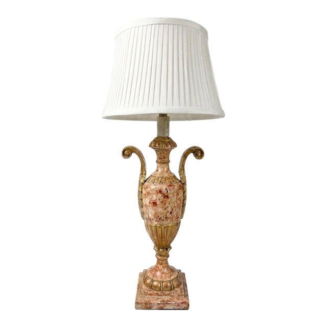 Fine Antique Italian Neoclassical Giltwood & Faux Hand Painted Marble Carved Urn Table Lamp For Sale