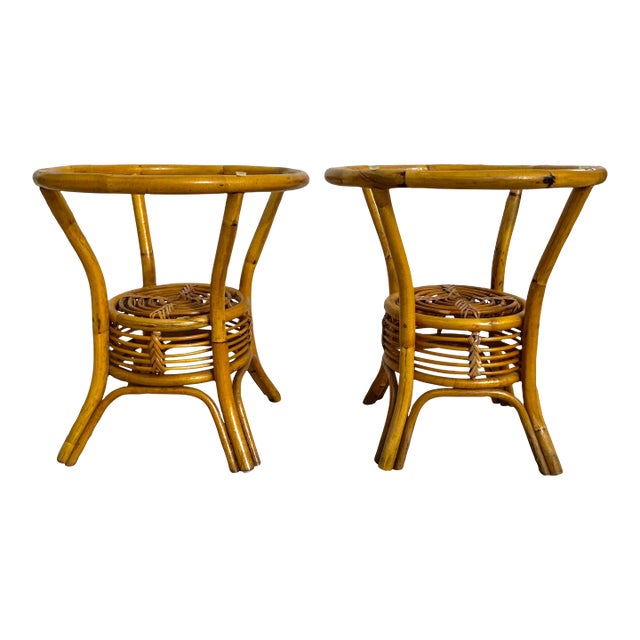 Mid 20th Century Paul Frankl Style Burnt Bamboo & Pencil Reed Chinoiserie Side Tables For Sale