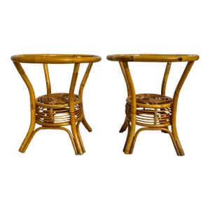 Mid 20th Century Paul Frankl Style Burnt Bamboo & Pencil Reed Chinoiserie Side Tables