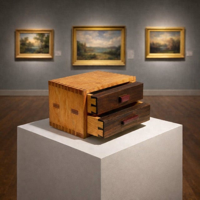 "HOPE" is a collectible masterpiece: a two-drawer dovetail box sculpted entirely by hand from raw maple, walnut, cherry,...