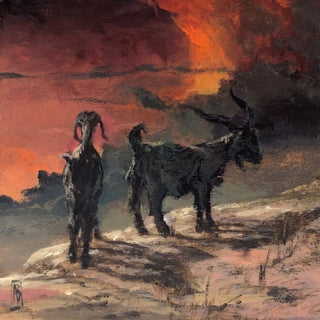 Koza by Adam Burke | Acrylic on panel Two goats standing against a dramatic sunset background For Sale