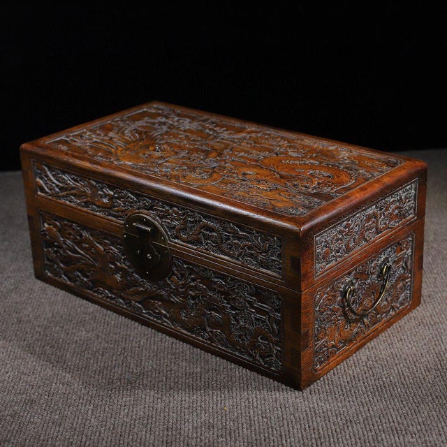 1980s Relief-Carved Hardwood Treasure Box, Chinoiserie Dragon Phoenix Jewelry Storage Chest For Sale - Image 9 of 10