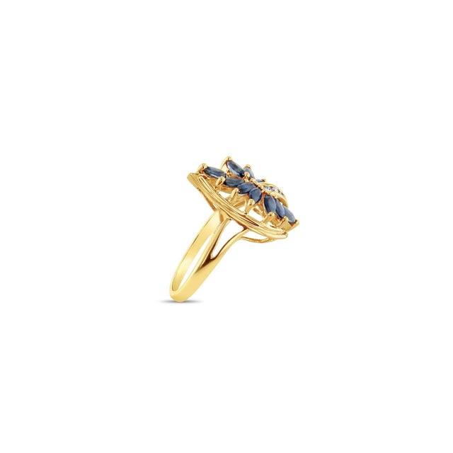 Contemporary One Carat Marquise Sapphire Cluster Ring w. Diamond Cluster 14k Yellow Gold, Size 7 For Sale - Image 3 of 5