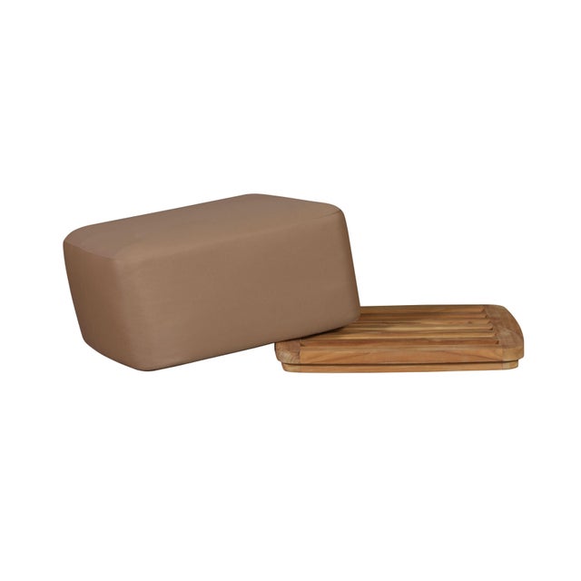Modern Eclipse Outdoor Solid Teak Wood Ottoman - Light Brown Fabric For Sale - Image 3 of 8