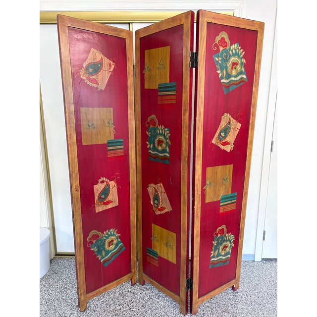Vintage Mid-Century Vienna Werkstatte Style Three-Panel Hand-Painted Wood Screen Room Divider (Pier 1) For Sale - Image 4 of 4