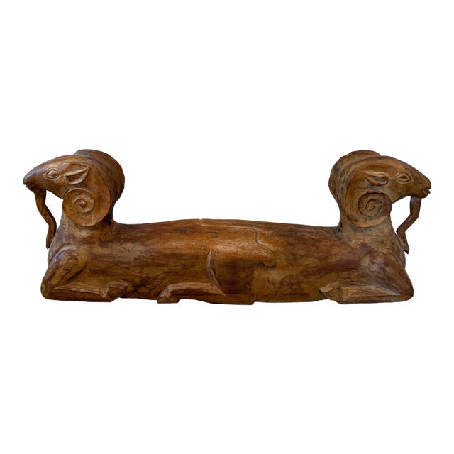 Vintage Hand Carved Wooden Double Headed Ram Sculpture For Sale