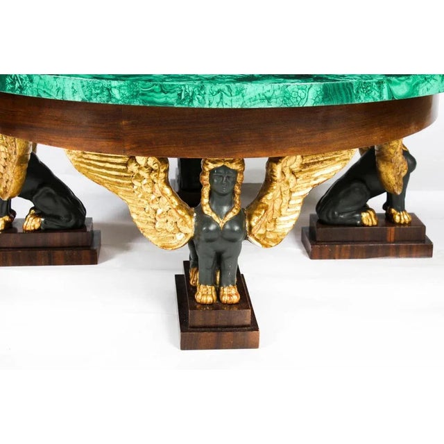 This is a beautiful vintage Empire revival malachite and walnut, patinated bronzed-decorated and parcel gilt coffee table,...