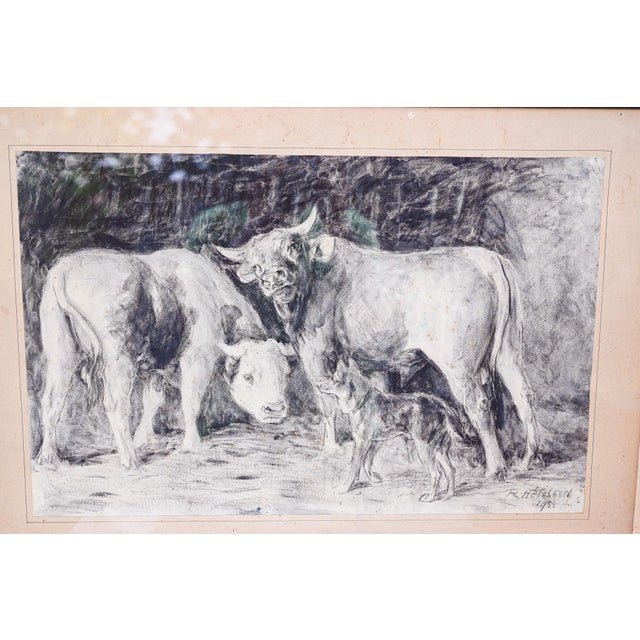 Modern René Herisson, The Cows, 1934, Charcoal Drawing For Sale - Image 3 of 10