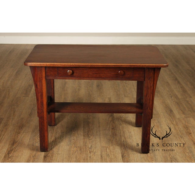 Wood Antique Mission Oak Arts & Crafts Writing Desk With Drawer And Cutout Sides For Sale - Image 7 of 18