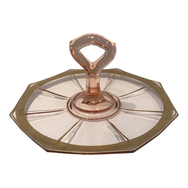 Tiffin Pink Rambling Rose Octagonal Crystal Serving Platter With Center Handle For Sale