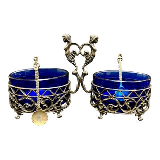 Antique French Silver & Cobalt Blue Glass Salt Cellars With Serving Spoons – Art Nouveau Table Decor, Saleron Pair For Sale