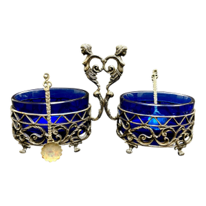 Antique French Silver & Cobalt Blue Glass Salt Cellars With Serving Spoons – Art Nouveau Table Decor, Saleron Pair