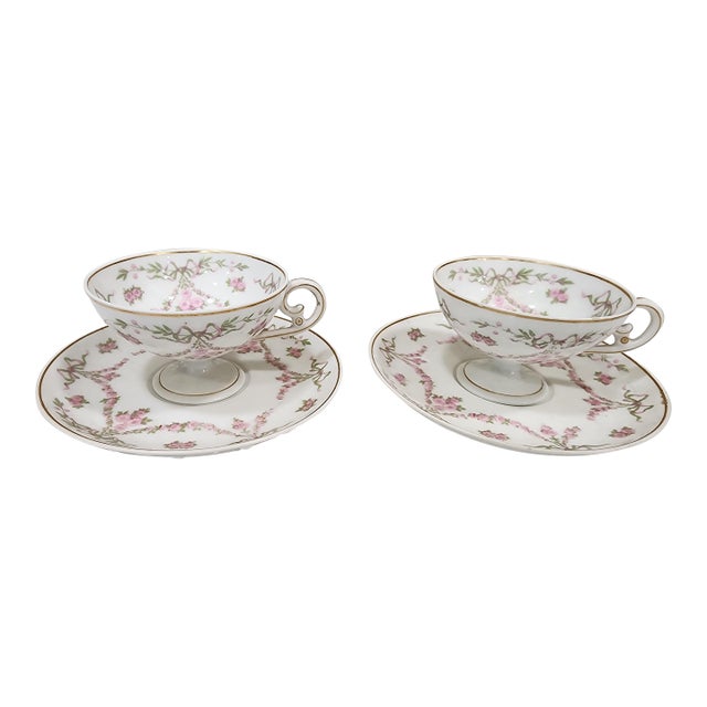 1910s 2 Precious Delicate Limoges Demitasse Tea Cups and Saucers For Sale