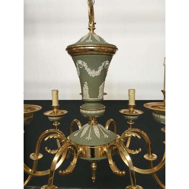 Metal Hollywood Regency Style Green Porcelain and Brass Chandelier, 1970 For Sale - Image 7 of 18